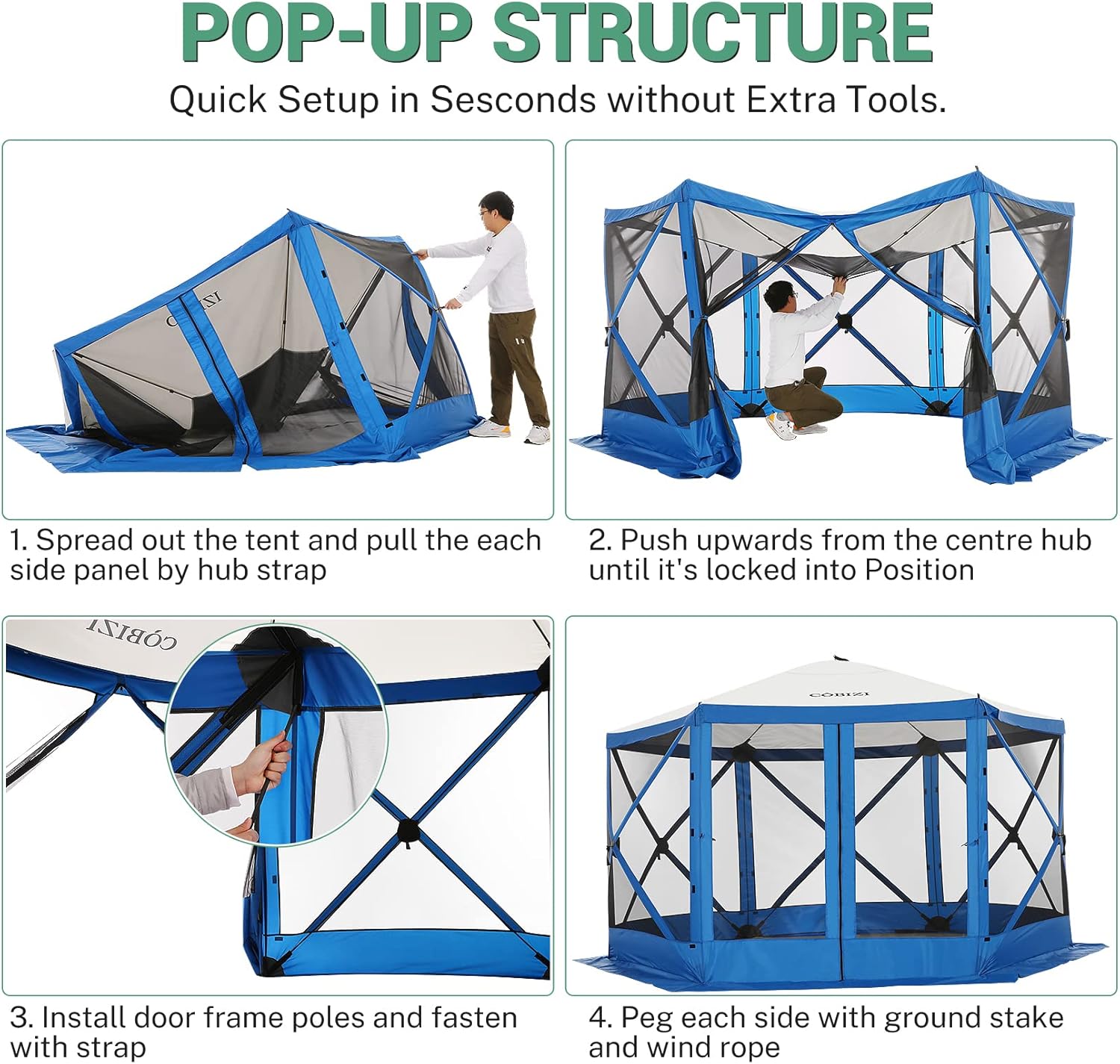 COBIZI 12x12ft Pop up Gazebo Screen House Tent with Mosquito Netting, 6 Sided Pop-up Canopy Shelter Tent Easy-Set portable gazebo with Carry Bag for Outdoor Camping, Lawn and Backyard, Blue