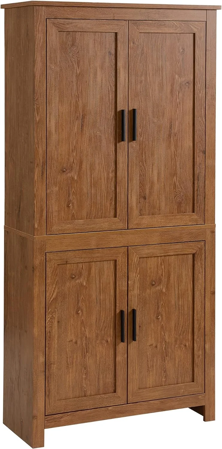 64" 4-Door Kitchen Pantry, Freestanding Storage Cabinet with 3 Adjustable Shelves for Kitchen, Dining or Living Room, Oak