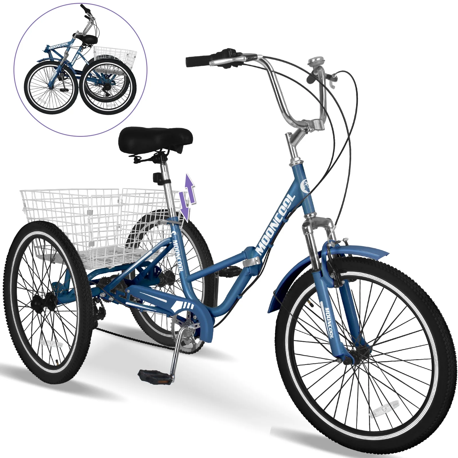 Lilypelle Adult Folding Tricycle with Low Step Through,20/24/26 Inch 7-Speed Three Wheel Cruiser Bike Trike with Cargo Basket, Foldable Tricycle for Adults, Women, Men, Seniors Exercise Shopping