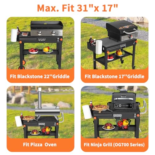 Portable Blackstone Griddle Stand Grill Table 17"/22" Grill Cart Pizza Oven Stand Ninja Grill Stand Outdoor Universal Foldable BBQ with Wheels Double Shelf Caddy Cooking Camping Tailgating