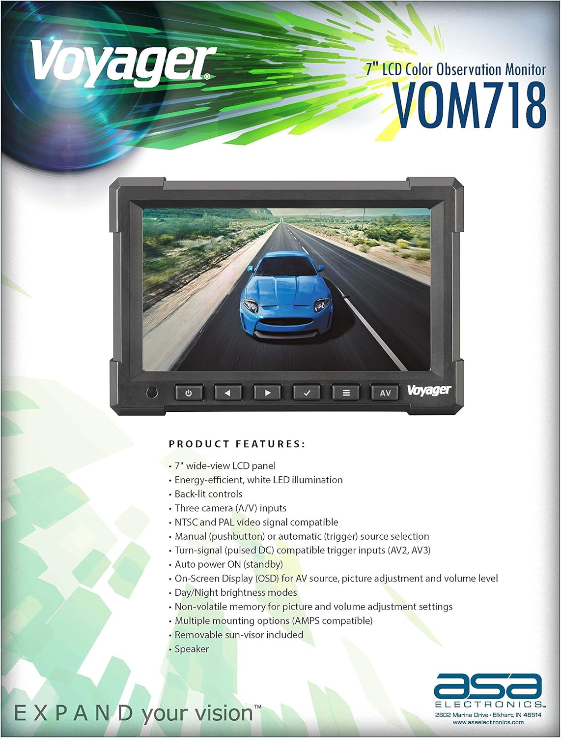 Voyager VOM718 7" LCD Color Backup Rear View Vehicle Observation Monitor w/ 3 Camera Inputs, Video for up to 3 Cameras (Cameras Sold Separately), NTSC/PAL Compatible, 12V - 24V Compatible