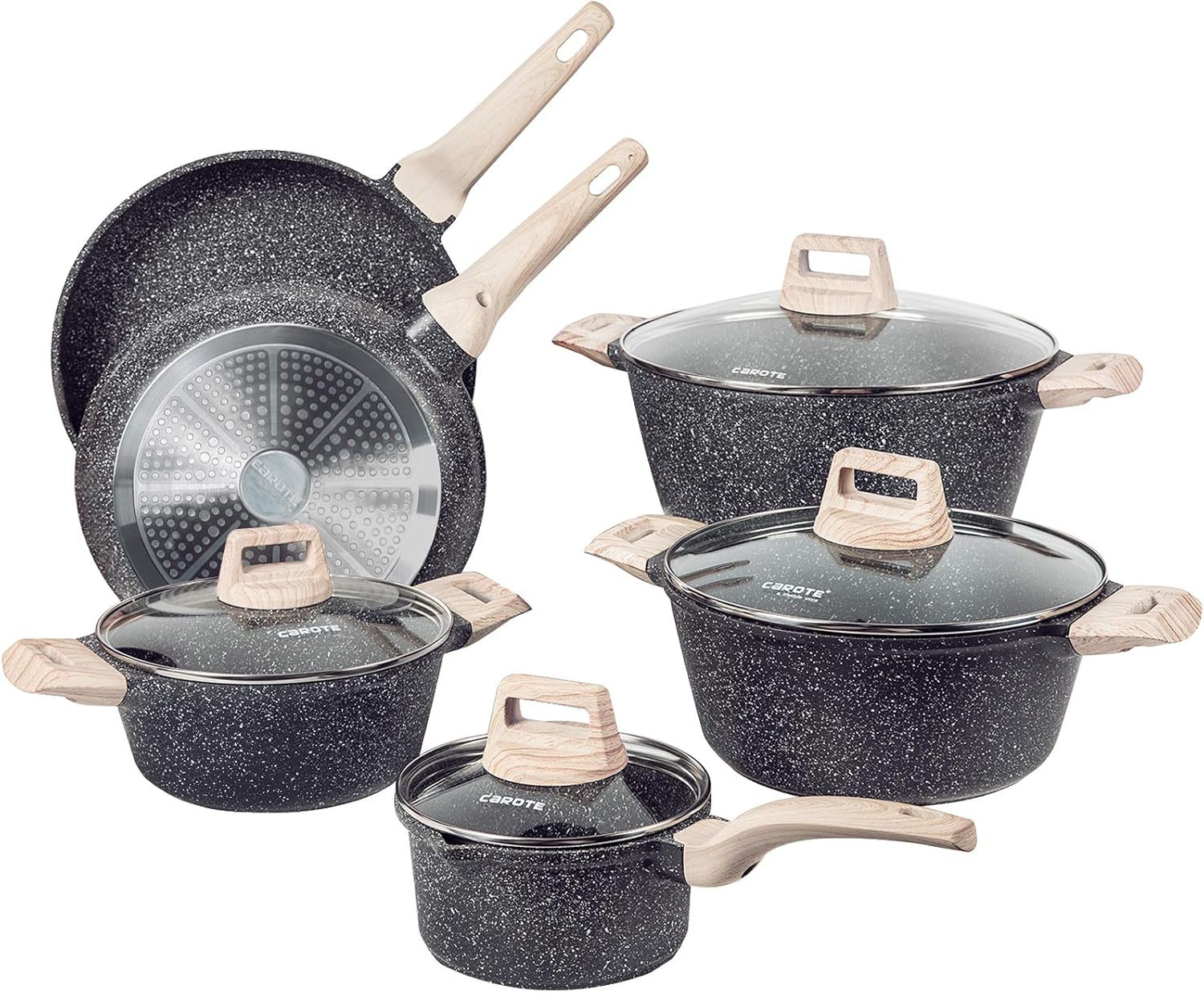 Carote Nonstick Cookware Set,10 Pcs Nonstick Cookware Set Pan and Pot, Essential Woody, Classic Granite