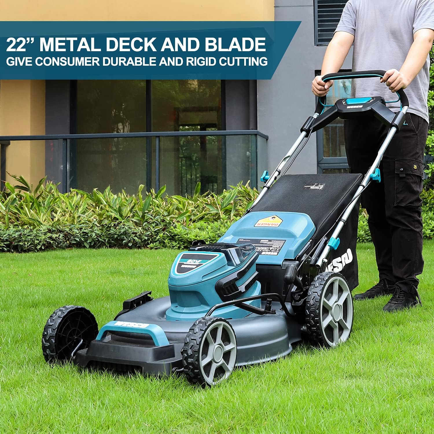 WESCO 60V Self-Propelled Cordless Lawnmower, 21 inch Brushless Push Lawn Mower, 3-in-1 Mower, 5.0Ah Battery and Fast Charger