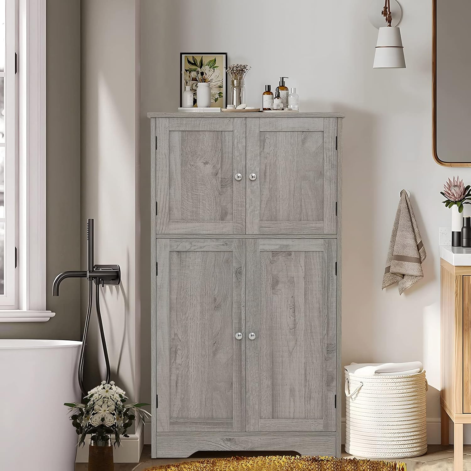 Iwell Storage Cabinet, Bathroom Cabinet with 4 Doors & Adjustable Shelf, Cupboard, Bathroom Floor Cabinet for Living Room, Entryway, Home Office, Grey