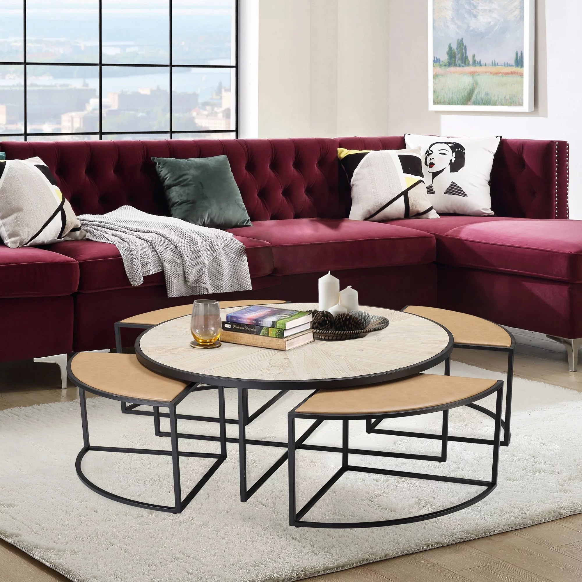 Boraam Olivia Black Finish Round Coffee Table with 4 Nesting Stools