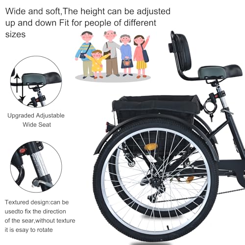 Upgraded Adult Tricycle, 7 Speed Tricycle for Adults with Front & Rear Baskets, 3 Wheel Bikes for Adults, Adult Tricycles for Women Men Seniors, Adult Trike, 26 inch Three Wheel Bikes