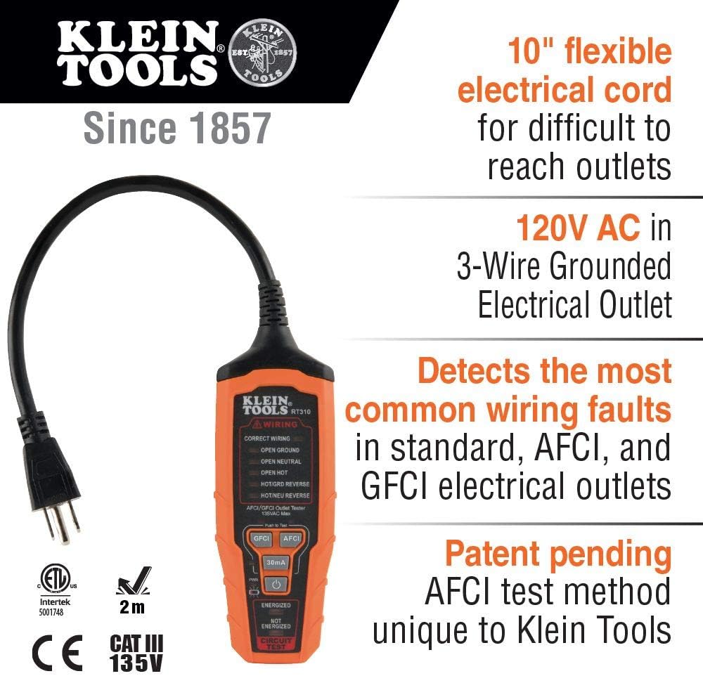 Klein Tools RT310 Receptacle Tester, AFCI and GFCI Outlet and Device Tester for North American AC Electrical Outlet Receptacles
