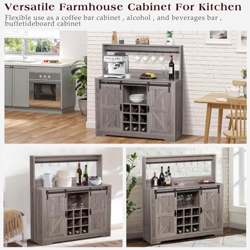 Coffee Bar Cabinet with Storage,47" Farmhouse Kitchen Buffet Sideboard with Sliding Barn Door and Adjustable Shelves,Liquor Cabinet Bar for Home,Dining Living Room(Grey)
