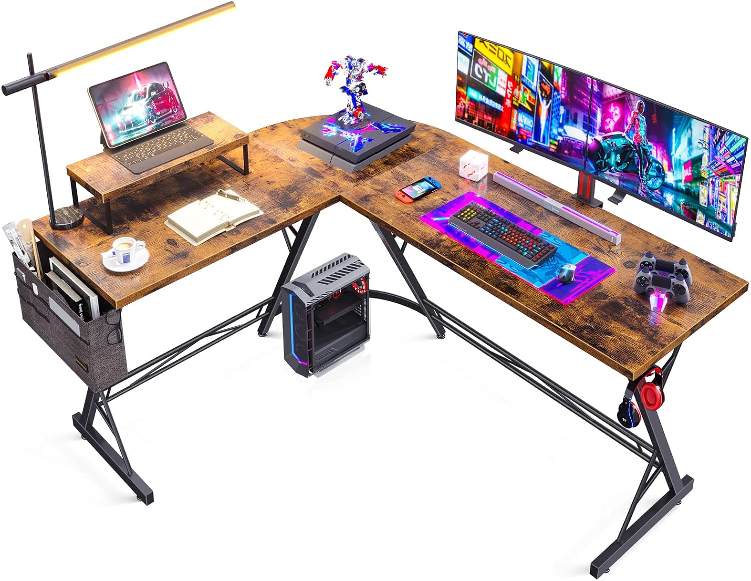 L Shaped Gaming Desk, 58" Home Office Desk with Round Corner, Computer Desk with Large Monitor Stand Desk Workstation