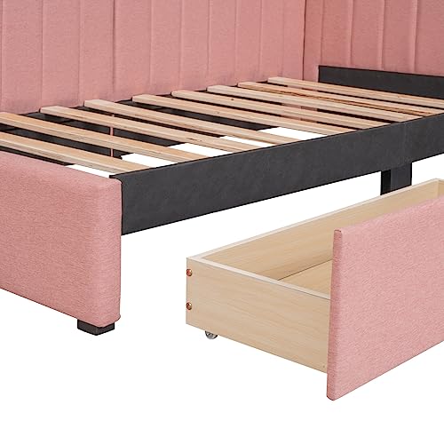 TRIPLE TREE Upholstered Daybed with 2 Storage Drawers,Twin Size Sofa Bed Frame No Box Spring Needed,Sofa Bed Couch for Bedroom Living Room,Linen Fabric,Gray