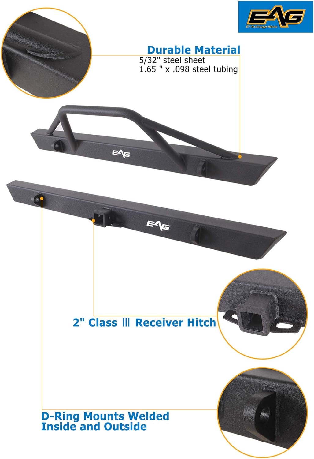 EAG Black Steel Front Bumper and Rear Bumper Combo 2PCS Fit for 1984-2001 Cherokee XJ