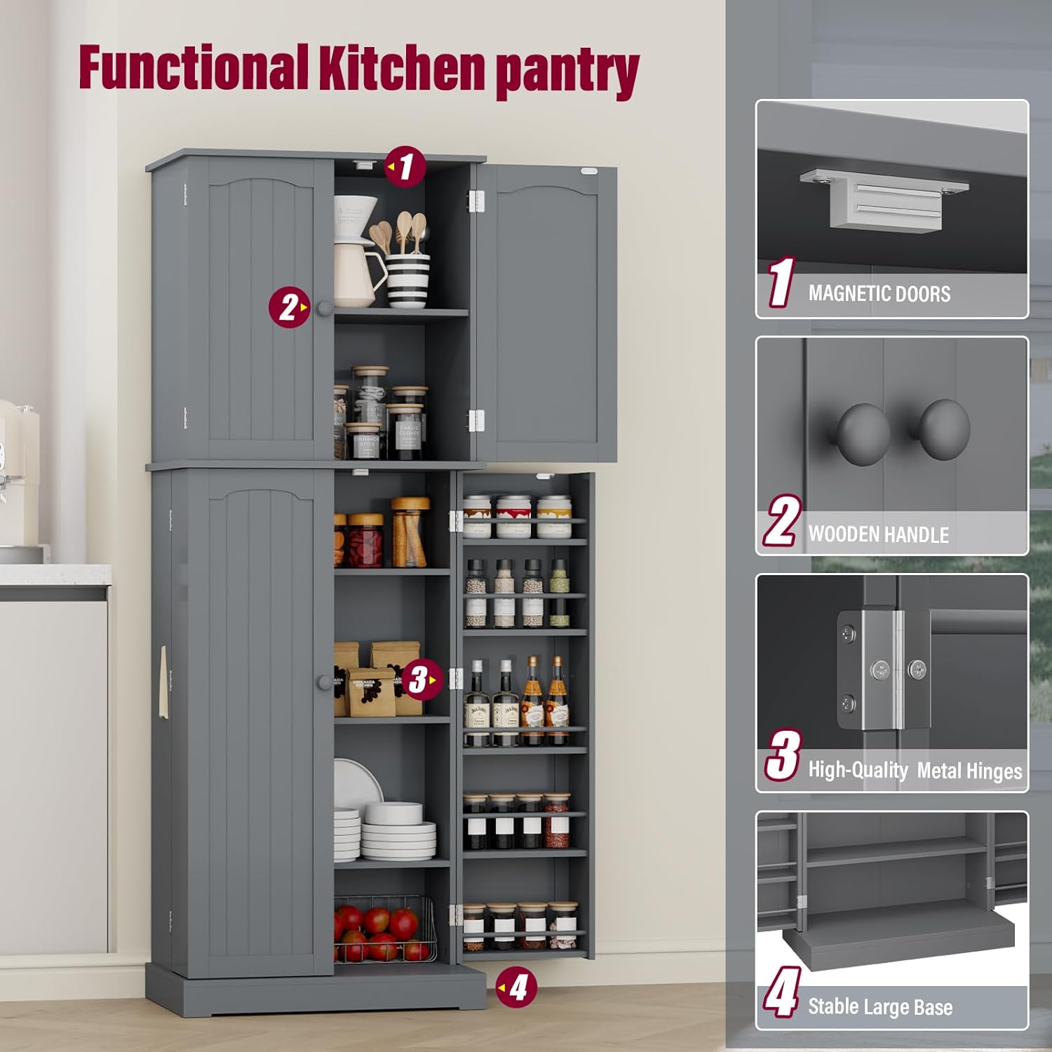 HOME BI 64" Kitchen Pantry Cabinet, Tall Freestanding Pantry Storage Cabinet, Food Pantry Cabinets with Doors and Shelves for Home Kitchen, Dining Room, Living Room, Gray.