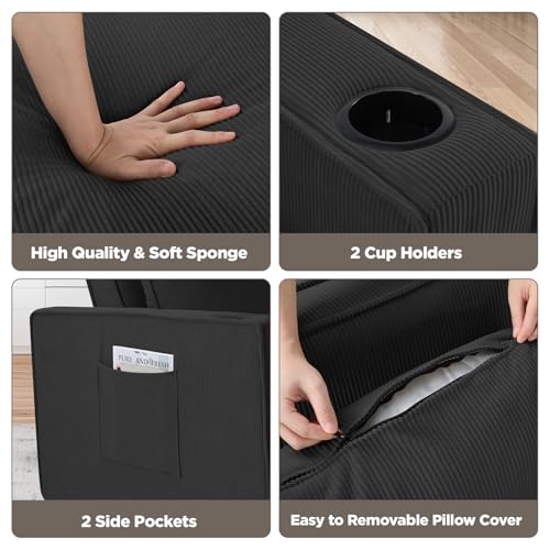 52" Convertible Sofa Bed, 3-in-1 Sleeper Sofa Pull-Out Bed, Multi-Functional Corduroy Futon Couch with Adjustable Backrest and Cup Holders, Loveseat Sofa for Small Space, Living Room, Black