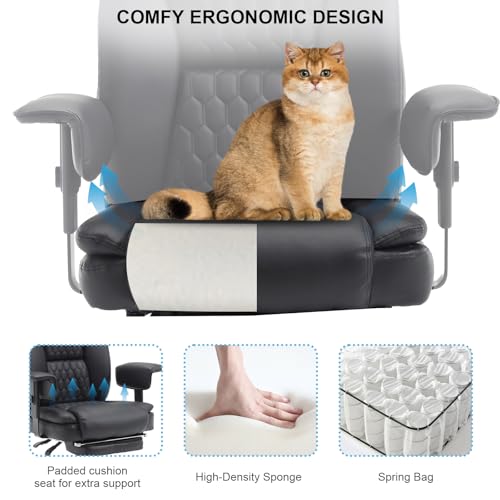 Big and Tall Office Chair 400LBS with Wide Seat High Back Ergonomic Executive Reclining Office Chair with Footrest Leather Computer Gaming Desk Swivel Chair with Wheels,Armrest, Lumbar Support,Beige