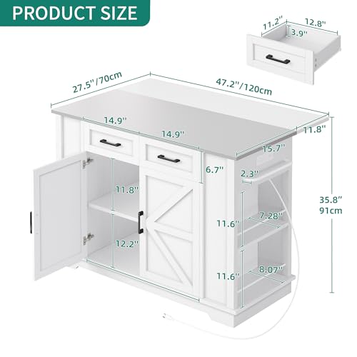 YITAHOME Kitchen Island with Stainless Steel Top & Drop Leaf, 47 Inch Kitchen Island on Wheels with Power Outlet, Rolling Portable Mobile Kitchen Cart w Storage Drawer Cabinet Counter Metal Top, White