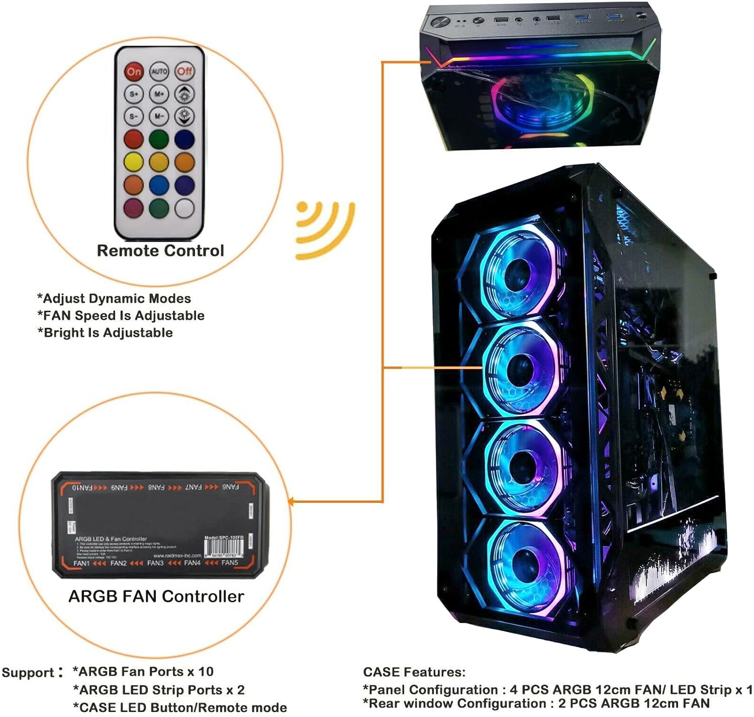 Rhinomax A17 Series Phoenix Full-Tower E-ATX/ATX/M-ATX Computer Gaming Case with 3-Sided Reinforced Glass, USB 3.0, 6 ARG Light-Emitting 12cm Fans with 1 ARGB Fan Controller