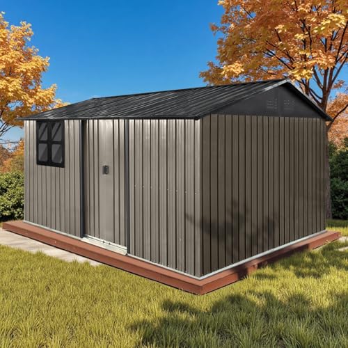 10' x 8' Large Outdoor Storage Shed, Sturdy Metal Building w/Windows & Lockable Doors for Garden, Backyard, Poolside and Lawn, Grey