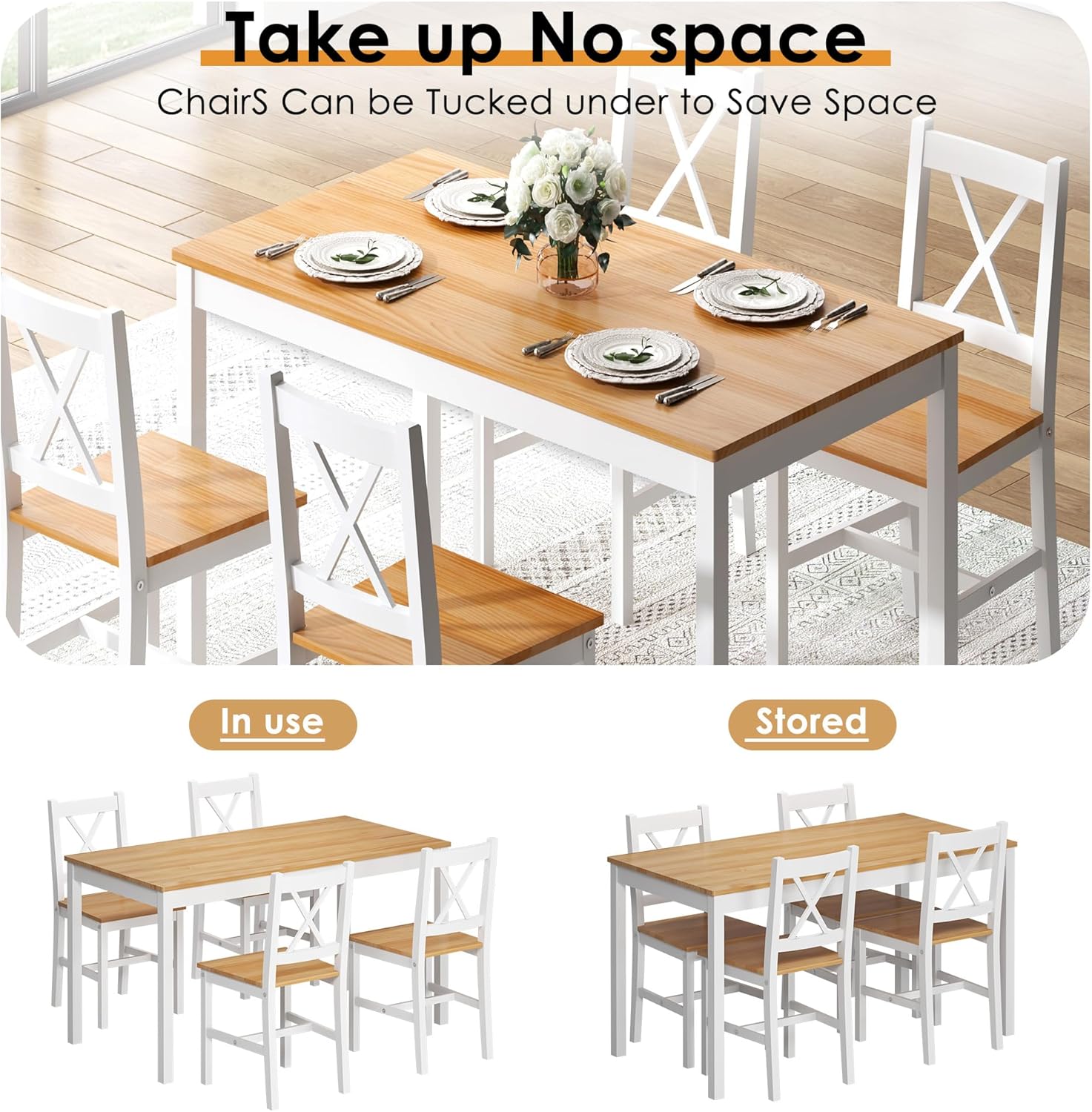 sogesfurniture 47.2" 4-Person Dining Table Set, 5 Pieces Pine Wood Kitchen Table with 4 Chairs,Indoor Modern Rectangular Dining Table Furniture Set for Kitchen, Dining Room, Dinette, Breakfast Nook