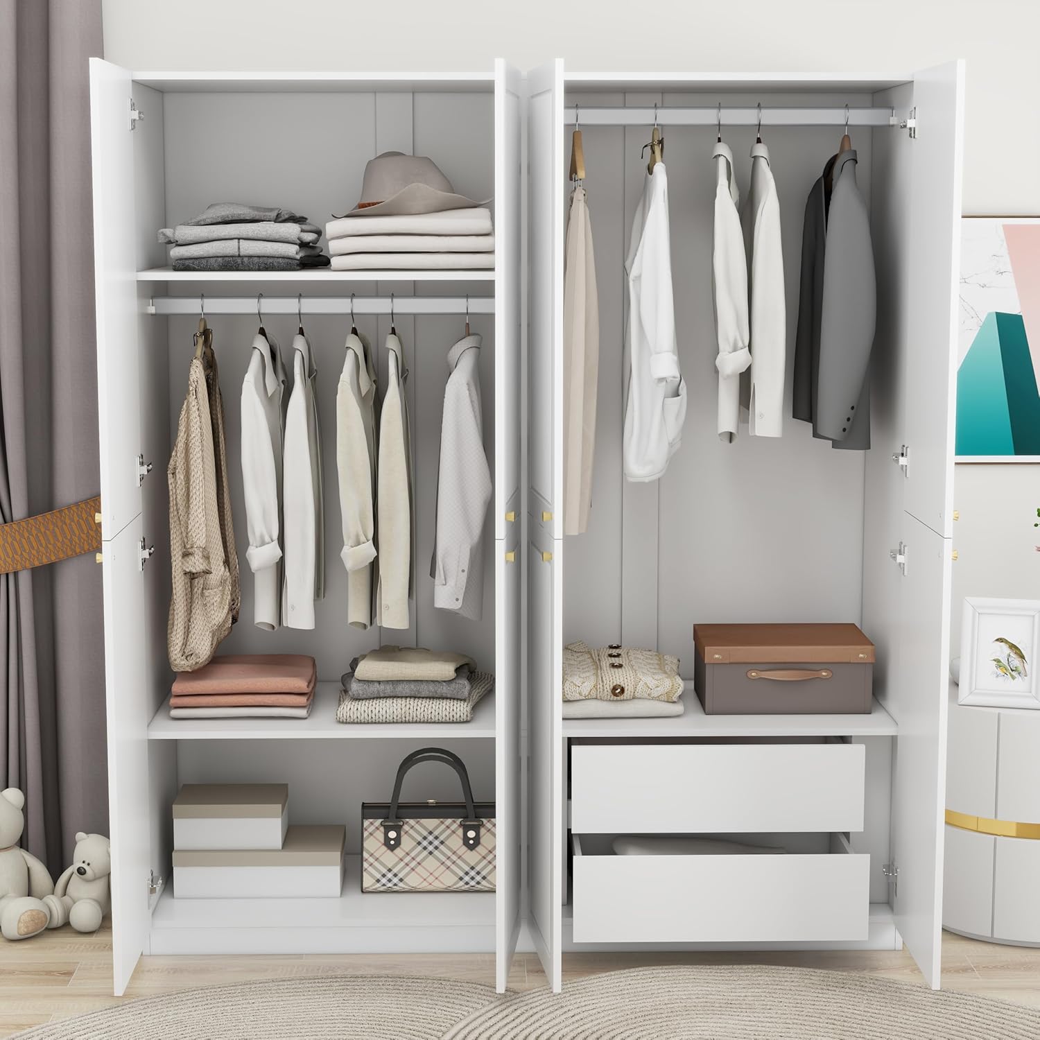 4 Door European Modern Wardrobe, Wood White Armoires with 2 Storage Drawers, Bedroom Armoires Clothes Storage Cabinet with Clothing Rods and Shelves, Bedroom Furniture Wardrobe Armoires