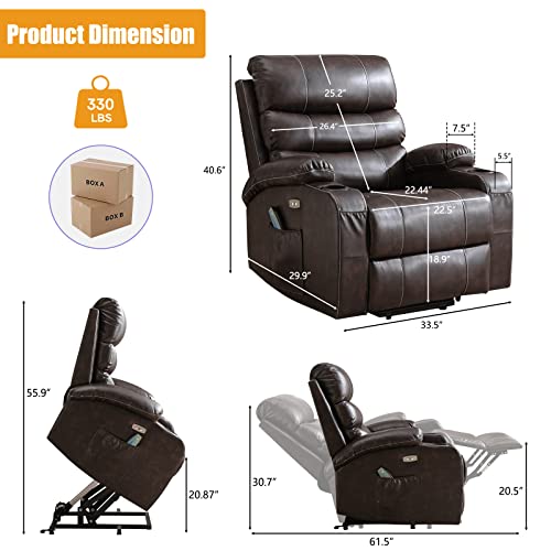 Lift Chair, Lift Chairs Recliners for Elderly, Power Lift Chair with Massage and Heat, Power Lift Chair with USB Port, 2 Cup Holders, 4 Pockets, PU Leather