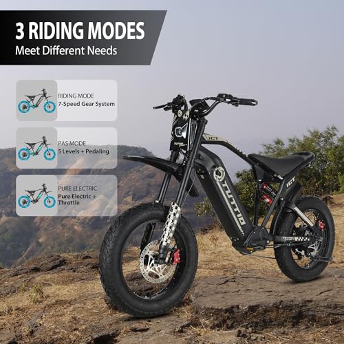 TUTTIO ICT Electric-Bike for Adults Age 16+, Peak 4000W-60V-25AH Electric-Dirt-Bike, 43-49MPH, 20" Fat-Tire-Electric-Motorcycle, Full Suspension E-Bike for Mountain Snow Off-Road School