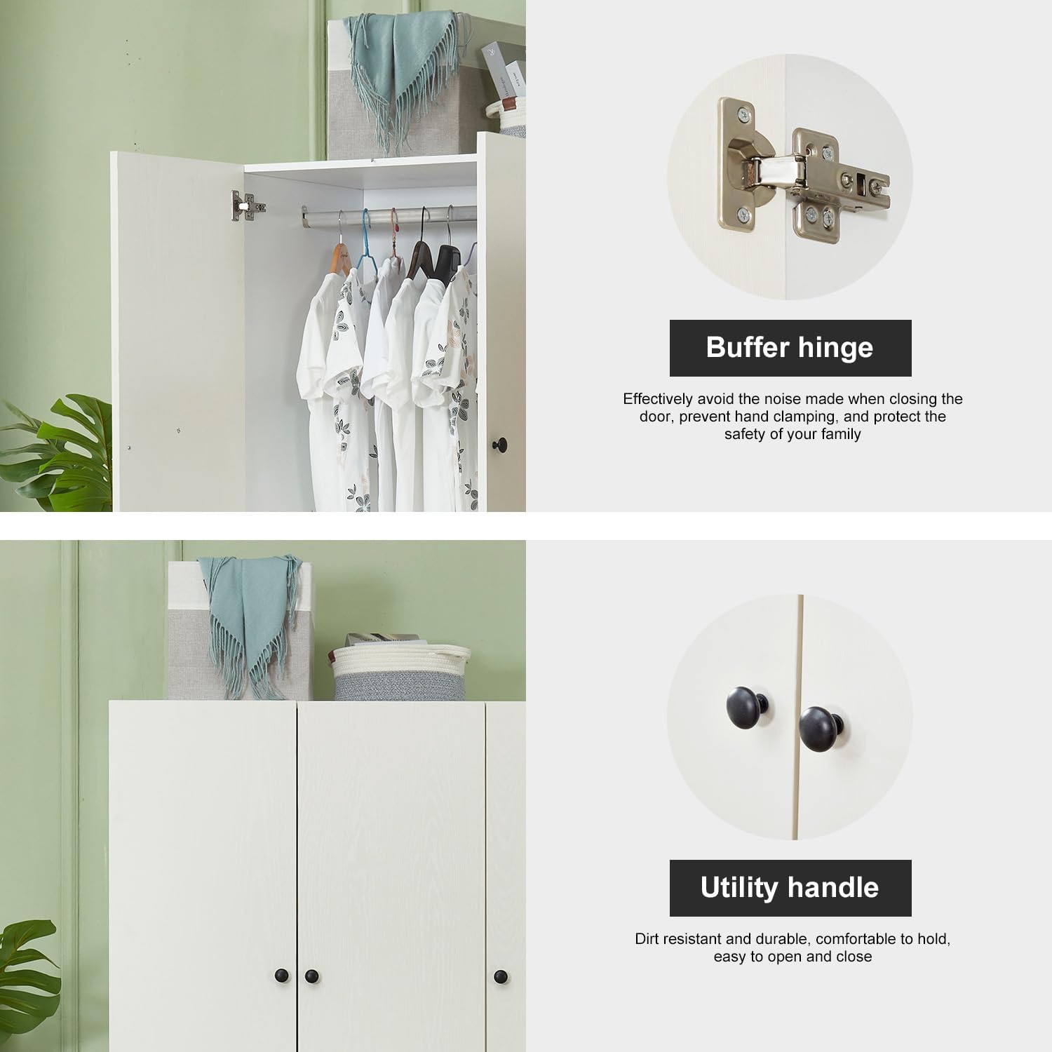 Wooden White 3-Door Armoire Wardrobe Closet with Hanging Rod Bedroom Armoires Wardrobe Closet Large Capacity Wardrobe Cabinet 47.3" W x 20.3" D x 74.2" H