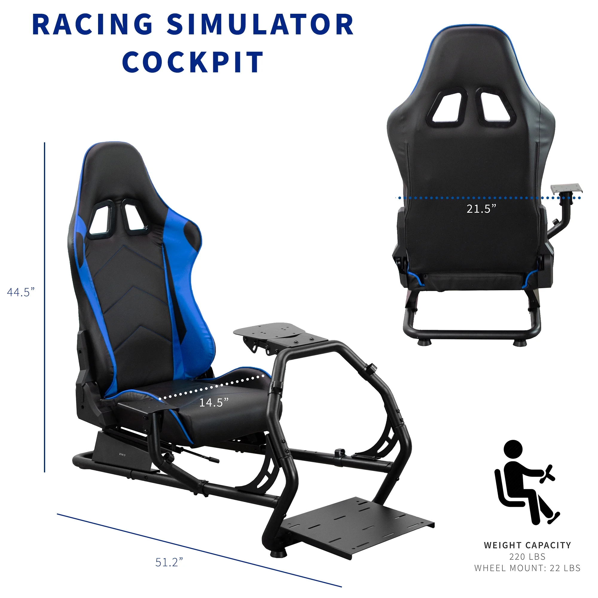 VIVO Black + Blue Racing Simulator Cockpit with Wheel Stand and Reclining Seat