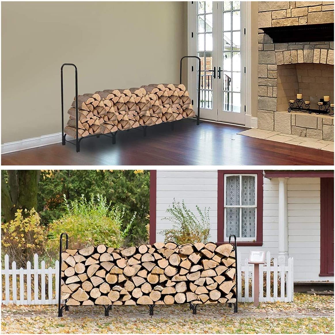 PCAFRS 8ft Firewood Rack for Fireplace Heavy Duty Log Indoor Outdoor Wood Storage Holder Easy Assemble Fire Wood Rack for Patio Deck Log Storage Stand, Black
