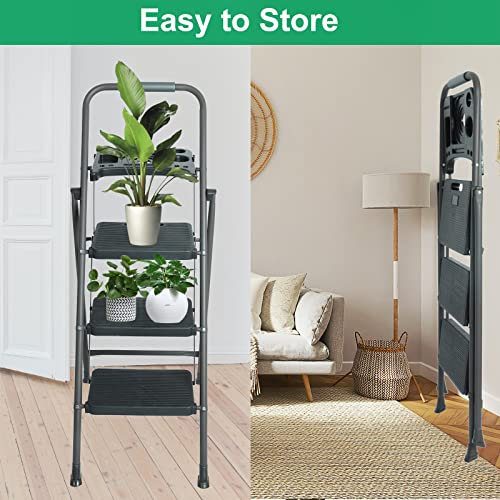 5 Step Ladder with Handrails, Folding Step Stool with Tool Tray Platform, 330lbs Portable Tall Step Labber for Adults for Home Kitchen Library Office