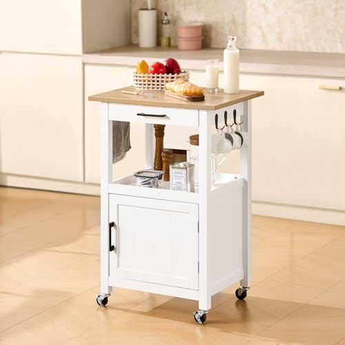 VEVOR Kitchen Island Cart with Solid Wood Top, 35.4" Width Mobile Carts with Storage Cabinet, Rolling Kitchen Table with Spice Rack, Towel Rack, and Drawer, Portable Islands on Wheels, White