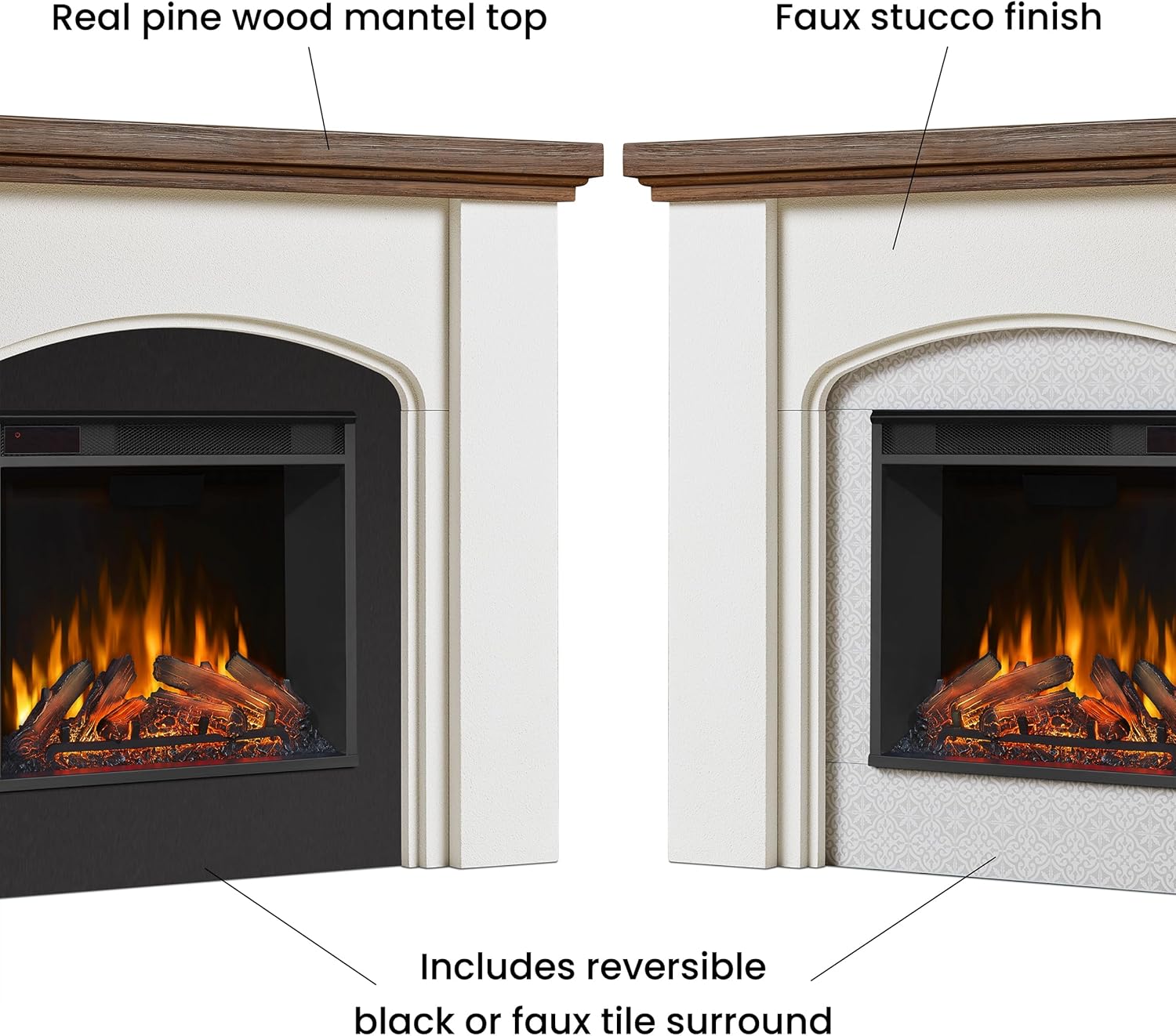 Real Flame Anika 49" Electric Fireplace with Mantel for Living Room or Bedroom, Replaceable Fireplace Insert Heater, Realistic Log and Flame Effect, Remote Control, Timer, White