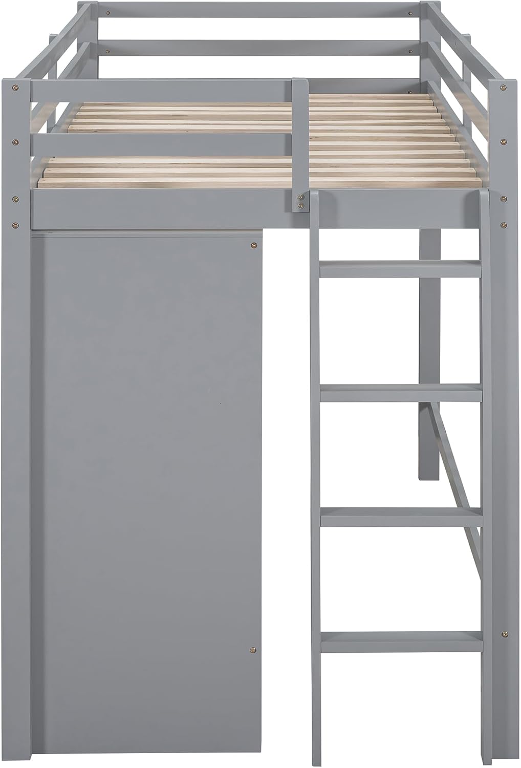Twin Size Loft Bed with Storage Drawer and Two Wardrobes, Wood Low Loftbed with Ladder & Mirror, for Kids Teens Adults Bedroom, Gray