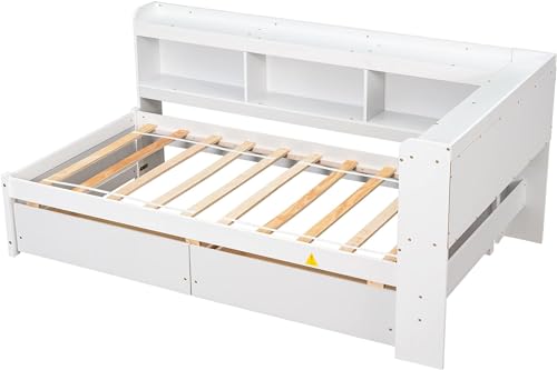 DEINPPA Twin Size Bookcase Bed, L Shape Captain Bed Frame with Storage Drawers, Wooden Platform Bed with Bookcase Headboard, Hug Bed Frame for Kids Teens Boys Girls-White