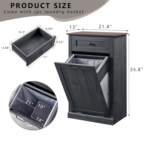 Double Tilt Out Trash Cabinet, Dog Proof Trash Can Cabinet, Farmhouse Hidden Laundry Hamper Cabinet with Barn Door, 10 Gallon Garbage Can Bin Cabinet with Storage Basket for Kitchen (Dark Grey)