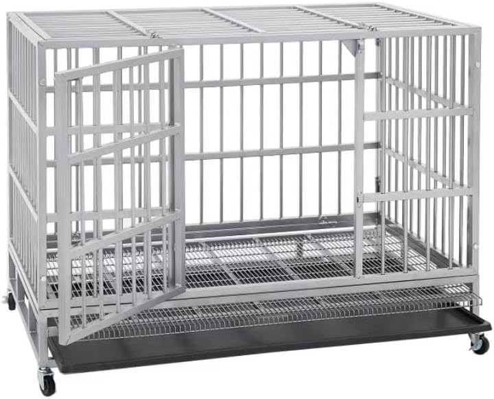 54/48/42/38 inch Heavy Duty Indestructible and Escape-Proof Dog Crate Cage Kennel for Large Dogs, High Anxiety Dog Crate with Removable Wire Trays and Wheels, Extra Large XL XXL