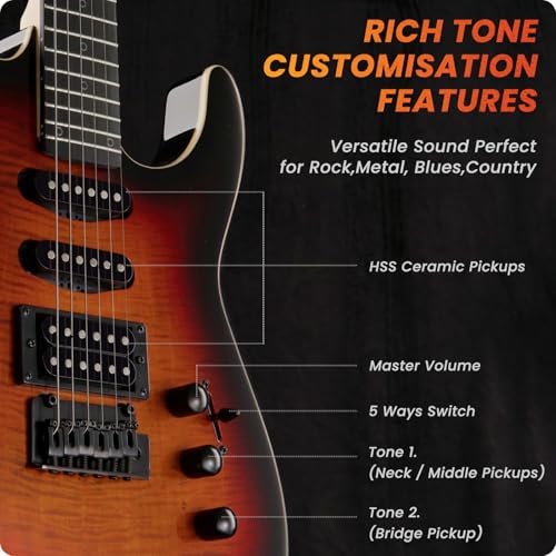 39" Solid Body Electric Guitar: Electric Guitar Kit with Bone Nut, Full Size 6 String Guitars with 24 Frets, Poplar Body AAA Flame Maple Top, Guitarra Electrica with HSS Ceramic Pickup,Black