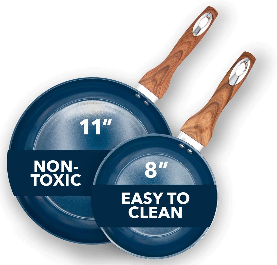 Phantom Chef 8” & 11 Frying Pan Set | Pure Aluminum Nonstick Frying Pan Set With Easy Clean Ceramic Coating | Soft Touch Stay Cool Handle | PTFE PFOA Lead and Cadmium Free Fry Pan | 2 Piece | Yellow