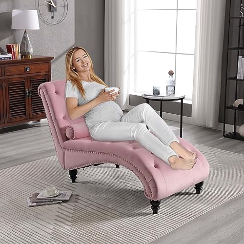 Chaise Lounge Chair Indoor, Modern Button Tufted Velvet Upholstered Leisure Accent Chair with Solid Wood Legs & Lumbar Pillow, Recliner Sofa Single Sleeper Sofa for Living Room, Bedroom, Pink