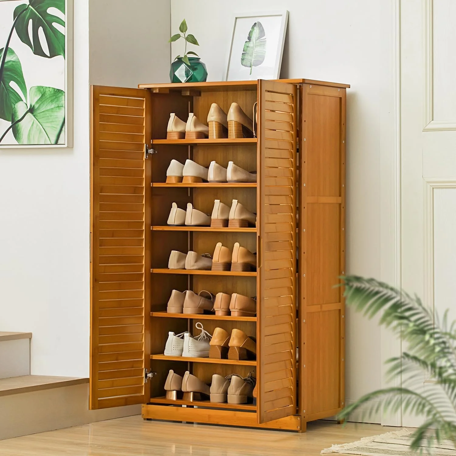 Tall Bamboo Shoe Storage Cabinet With Double Shutter Doors - Shelf Stand Organizer For Narrow Closet, Hallway, Living Room - Entryway standing Shoe Cabinet Organizer Storage Rack (Brown)