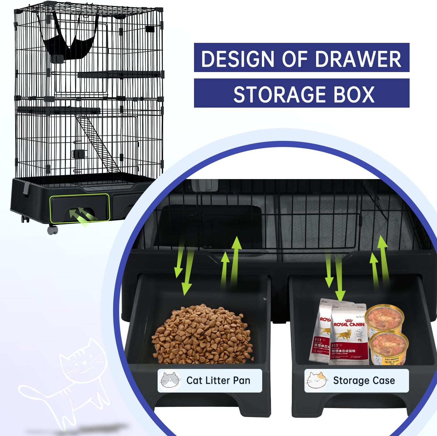 52 Inch Cat Cage Large Metal Wire Crate Cat Kennel Playpen with Litter Box & 2 Front Door & Ramp Ladders & 2 Resting Platforms Beds Tray Cage for Indoor