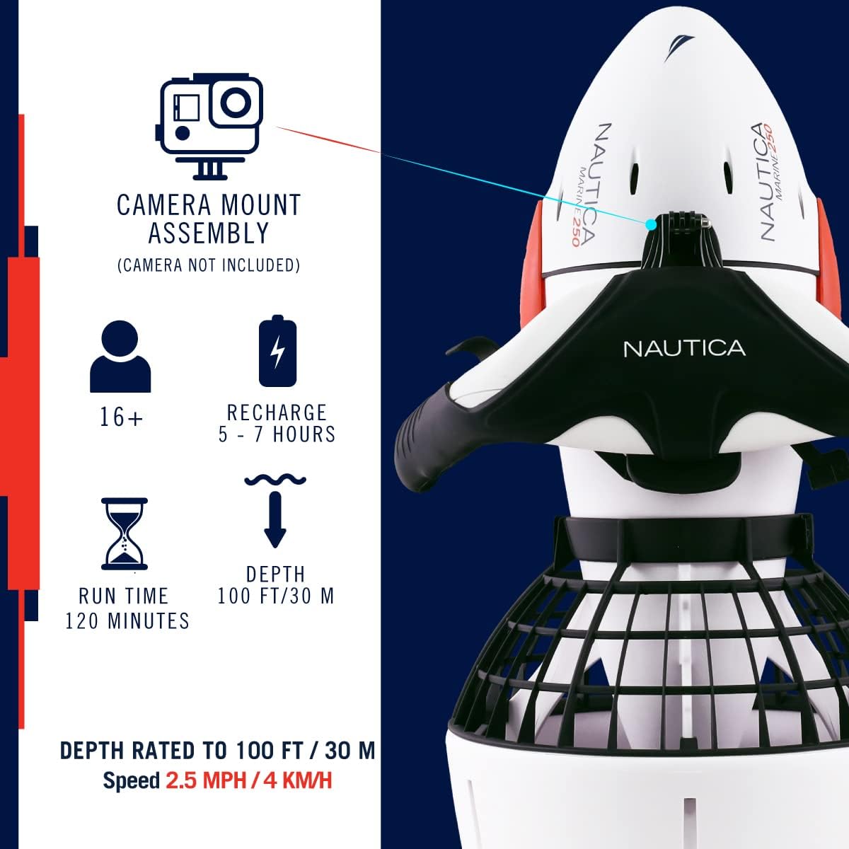 Nautica Marine 250 Underwater Seascooter, Scuba Snorkeling for Ocean or Pool, Action Camera Compatible