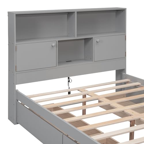 Full Size Platform 4 Storage Drawers, Charging Station & Bookcase Headboard, Wooden Bed Frame for Kids Teens Adults, No Box Spring Needed, Gray
