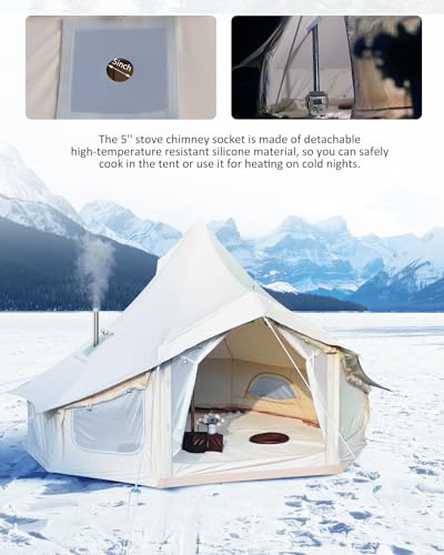 Canvas Bell Tent, 4 Seasons Yurt Tent with 2 Stove Jack, 4 Mesh Zippers Windows, Breathable Waterproof Tent Suitable for 4-12 People, Family Camping Outdoor Party