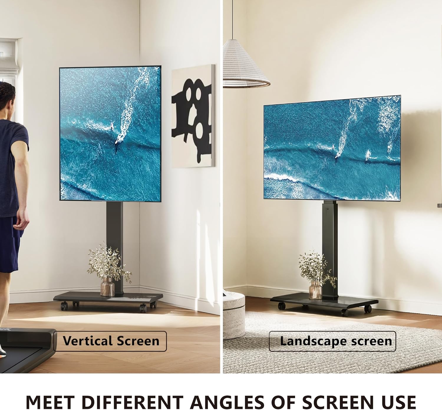 FITUEYES Mobile Stand for 40-85 Inch LCD/LED Flat Curved Screens with Wooden Large Storage and Black Height Adjustable Rolling TV Stand Hold Up to 88 Lbs，Landscape to Portrait Rotating and 40°Swivel