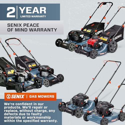 SENIX Gas Lawn Mower, 21-Inch, 140 cc 4-Cycle Briggs & Stratton Engine, 2-in-1 Push Lawnmower, 6-Position Height Adjustment with 11-Inch Rear Wheels, LSPG-M6, Blue