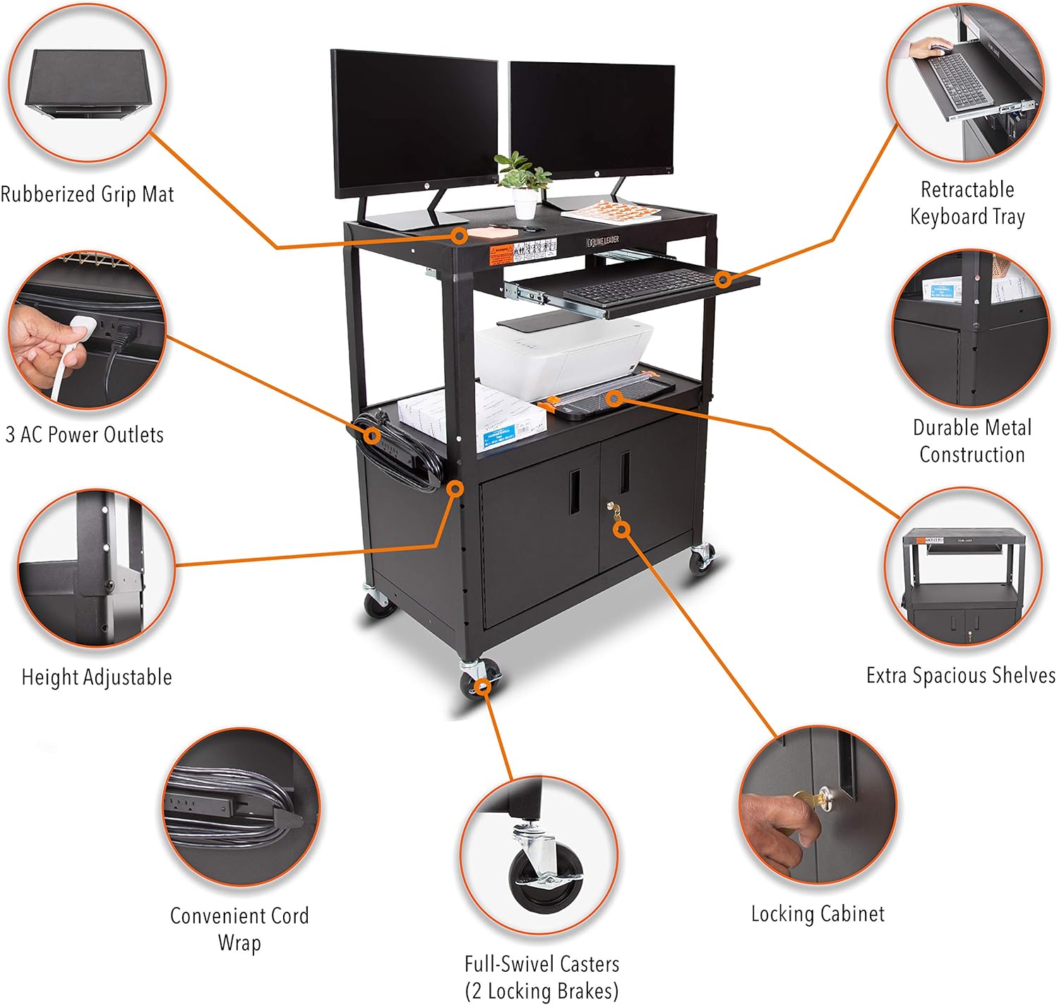 Line Leader Large AV Cart with Locking Cabinet | Height Adjustable Utility Cart | Includes Pullout Keyboard Tray & Cord Management | Easy Assembly (32in x 18in x 42in / Black)