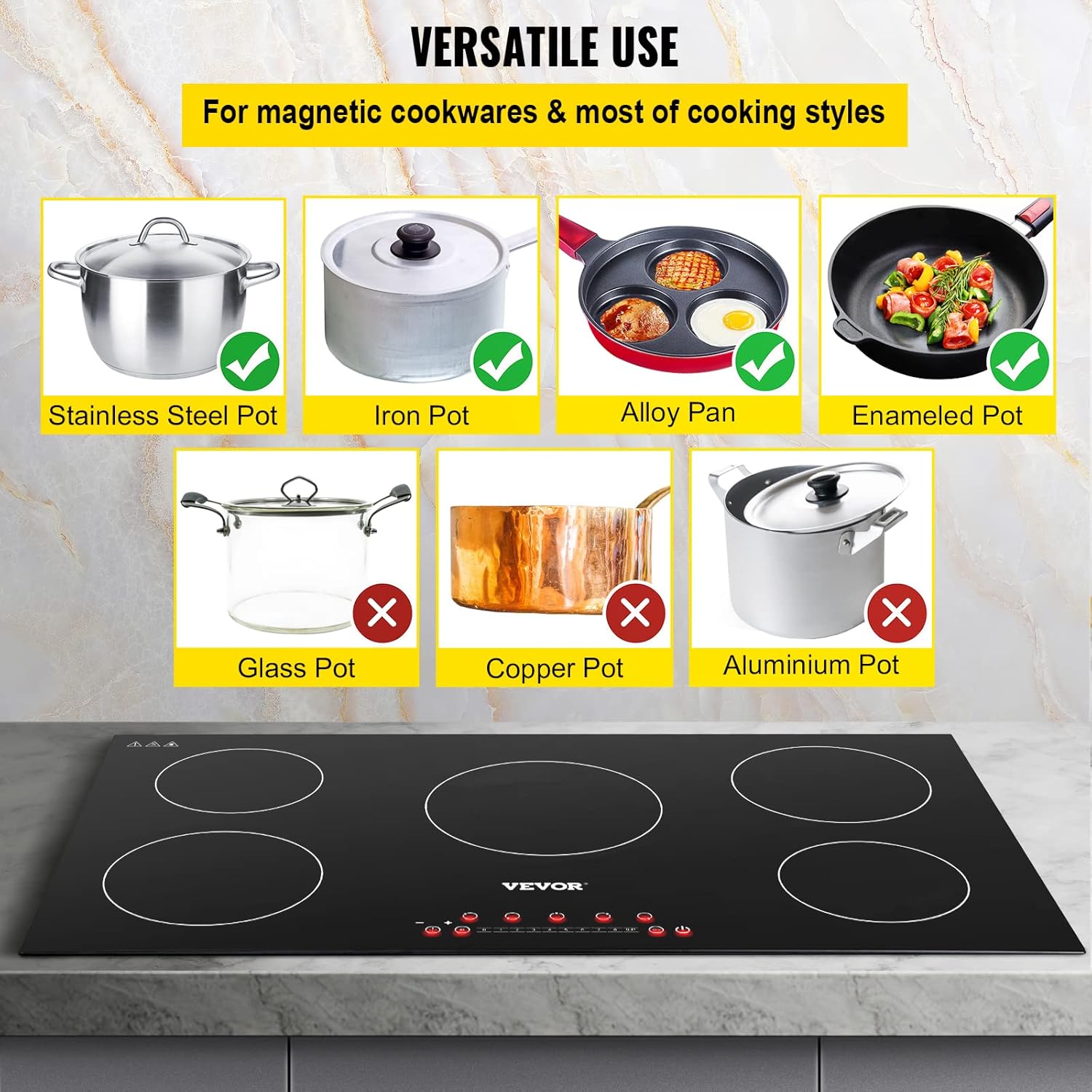 VEVOR Built-in Induction Electric Stove Top 5 Burners,35 Inch Electric Cooktop,9 Power Levels & Sensor Touch Control,Easy to Clean Ceramic Glass Surface,Child Safety Lock,240V