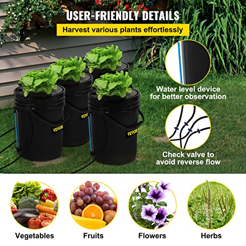 VEVOR RDWC Hydroponics Grow System, Hydroponic Growing Kit with Top Drip, Recirculating Deep Water Culture 4 Buckles and 1 Reservoir, with Air Pump and Water Level Device for Leafy Vegetables