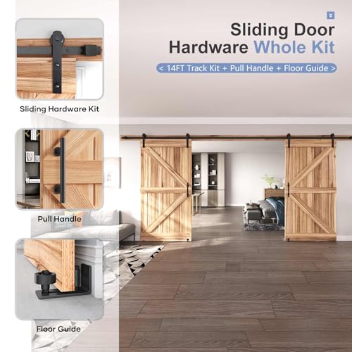 EaseLife 12 FT Double Sliding Barn Door Track and Handle Hardware Kit,Straight Pulley,Slide Smoothly Quietly,Easy Install (12FT Track Kit for 33"~36" Wide Double Door)