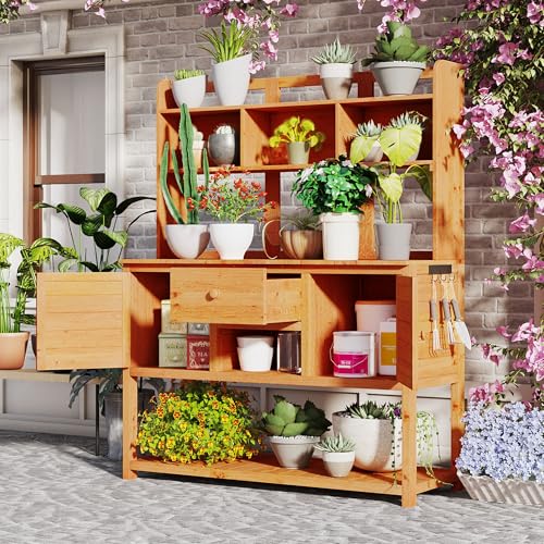 Outdoor Wooden Potting Bench Table – Farmhouse Garden Workstation with Drawers, Cabinet & Storage Shelves, Large Fir Wood Work Table for Patio, Backyard, Mudroom, Greenhouse (Light Brown, 66''H)